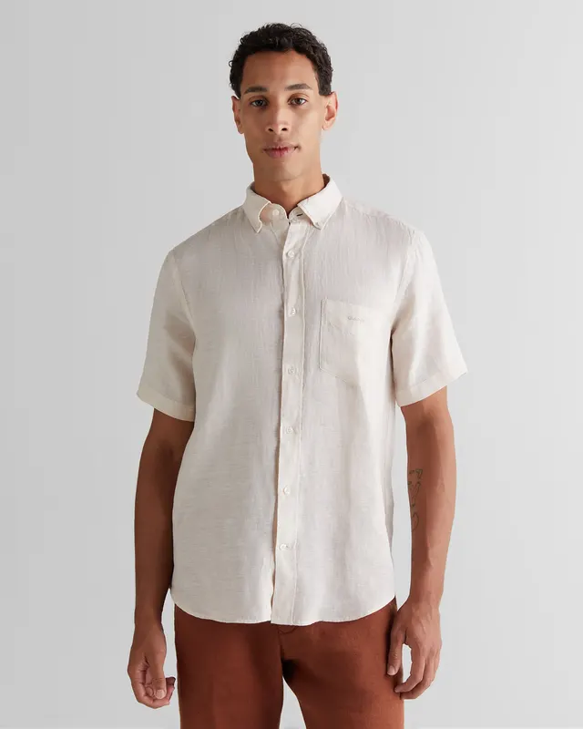 Gant Koszula Męska Z Krótkim Rękawem Regular Fit Beżowa