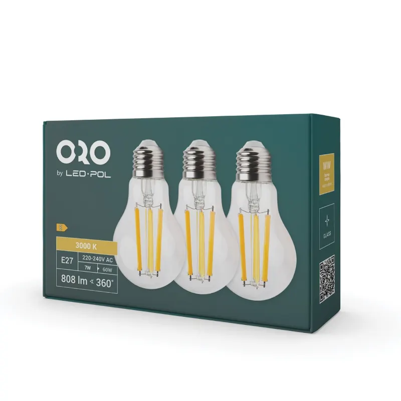 Zestaw żarówek (3szt) ORO 3XE27 A60 FL 7W WW
