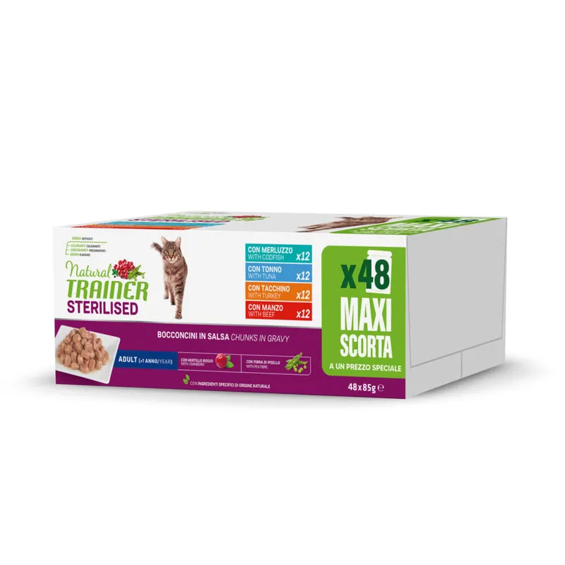 Natural Trainer Bocconcini Adult - Pakiet mieszany Sterilised, 96 x 85 g (wołowina, indyk, tuńczyk, dorsz)