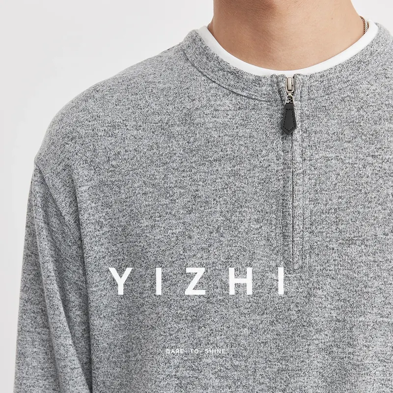 260g Heavyweight Half Zip Fake Two-Piece Crew Neck T-Shirt Men 2026 Spring Heather Grey Texture Soft Long Sleeve Casual Tops