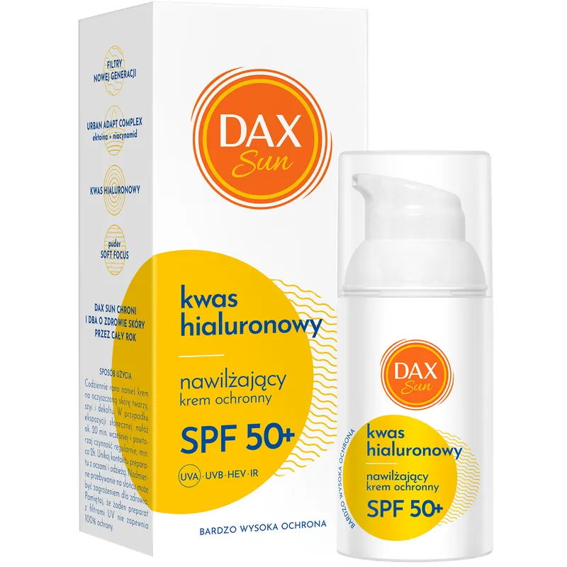 Dax Sun nawilżający krem ochronny SPF 50+ do twarzy z kwasem hialuronowym, niacynamidem, ektoiną i pudrem Soft Focus 30 ml