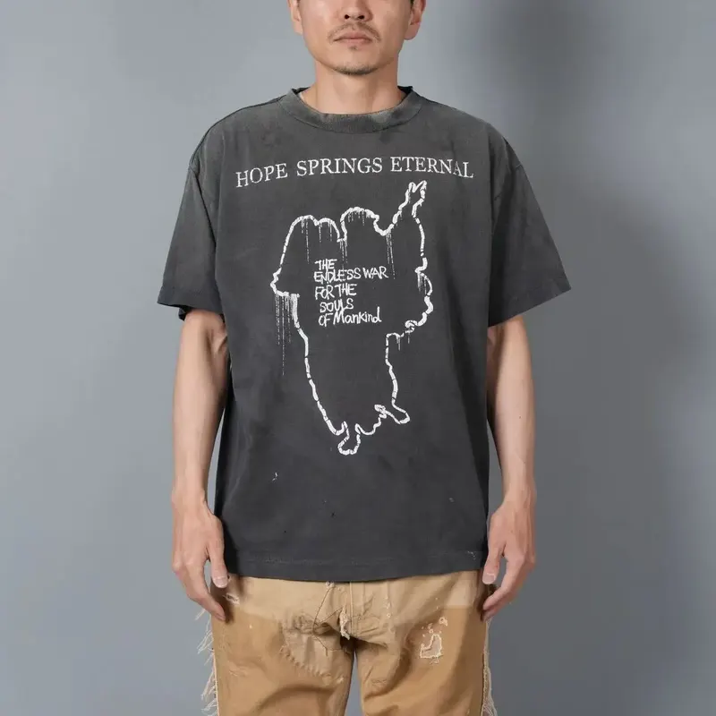 T-Shirt Oversize Vintage Saint Summer Short Sleeved Redemption Printed High Quality Tops High Street Trendy Heavy Washed