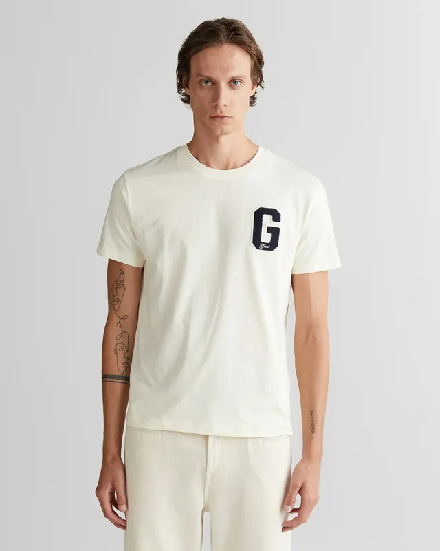 Gant T-Shirt Męski Z Nadrukiem Regular Fit Kremowy