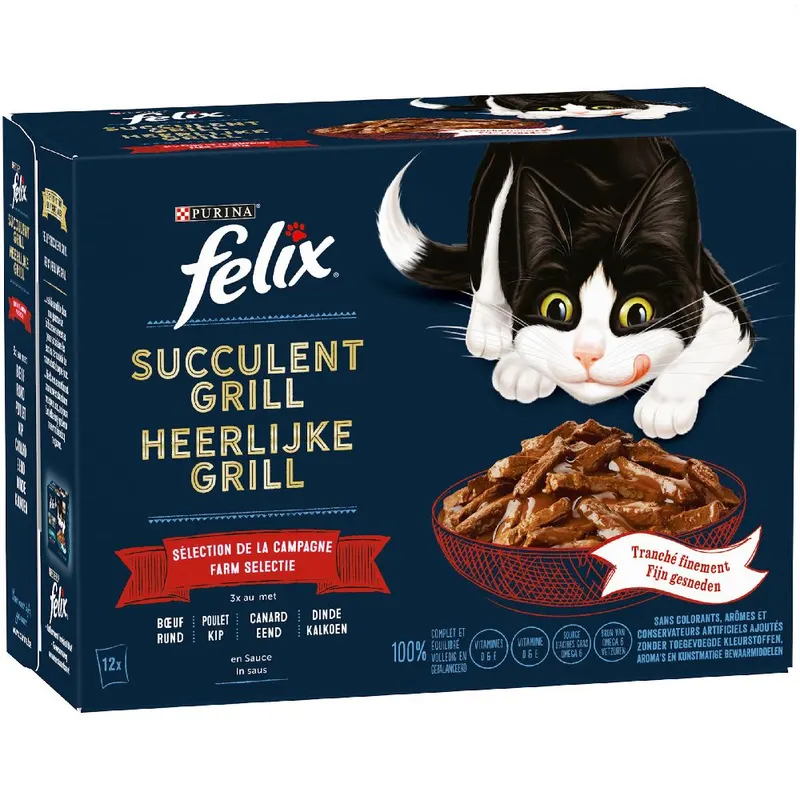 3 + 1 gratis! 4x Felix, karma mokra dla kota, różne rodzaje -  4 x (12 x 80 g) Tasty Shreds w sosie, wiejskie smaki, (36 + 12 gratis!)