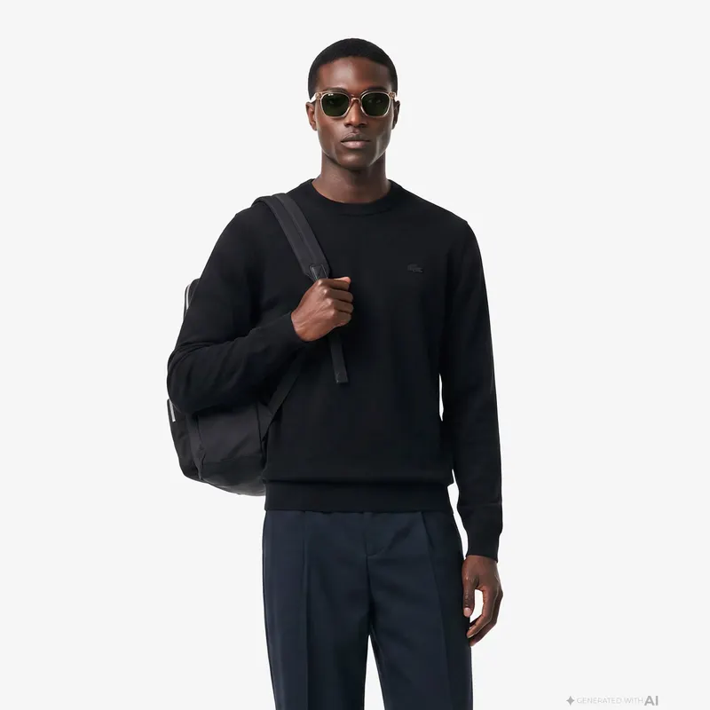 Lacoste Sweter Z Wełny Merino Z Okrągłym Dekoltem Męskie Zielony