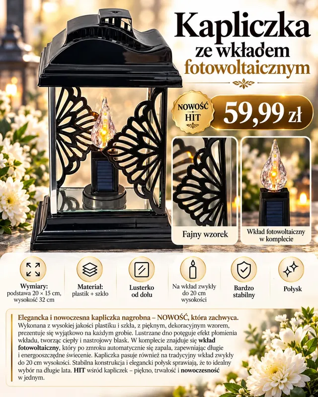 KAPLICZKA ZNICZ NAGROBNY ZE WKŁADEM FOTOWOLTAICZNYM – NOWOŚĆ