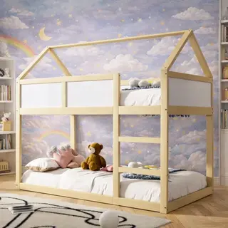 Naptopia – Domek do Spania i Marzeń | Piętrowe Łóżko Dziecięce 90x200 z Barierkami i Dachem