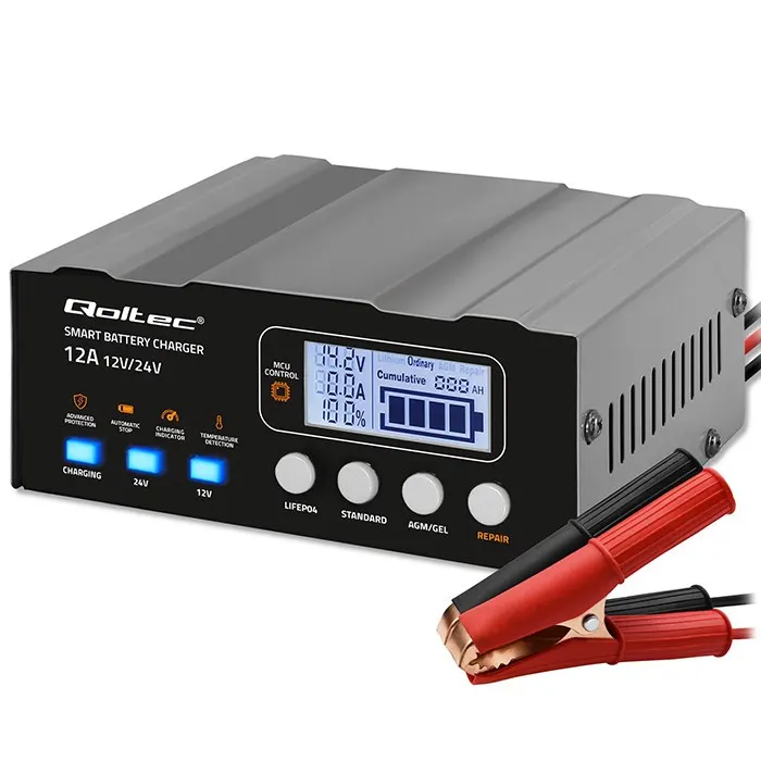 Qoltec Inteligentna mikroprocesorowa ładowarka 12V | 12.6V | 24V |Prostownik z funkcją naprawy do akumulatora AGM GEL LiFePO4 | LCD