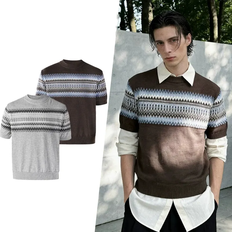 male shirts Wool blend old money style round neck knitted short sleeved breathable and cool short sleeved