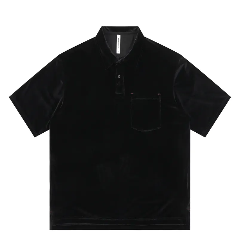 Summer American Retro Pocket Patchwork Short Sleeved Polo Shirt for Men and Women, Loose Silk Velvet Lapel Half Sleeved T-shirt