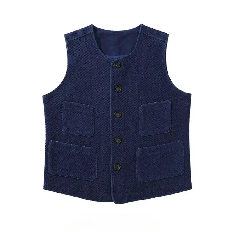 Japanese Retro Indigo Dyed Men's Vest - Kendo Fabric, Multi-Pocket, Timeless Style for All Seasons