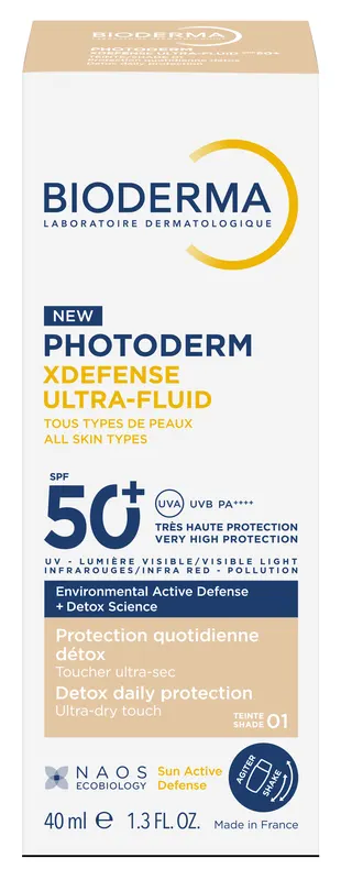 Bioderma Photoderm Xdefense Ultra-Fluid Ochronny Ultralekki Fluid Z Filtrem SPF50+ o Działaniu Detoksykującym Odcień 01 40ml
