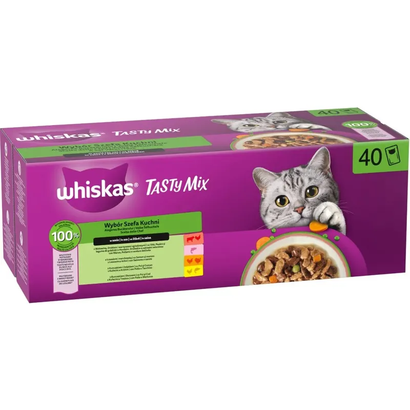 WHISKAS Tasty Mix Wybór szefa kuchni w sosie Box - mokra karma dla kota - 40x85g