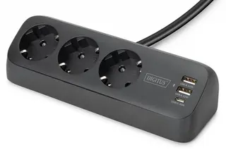 Digitus Listwa zasilająca biurkowa, 3 gniazda Schuko, 2x USB-A (2x 12W), 1x USB-C (30W) z zaciskiem na blat, kabel 1,5m, czarna