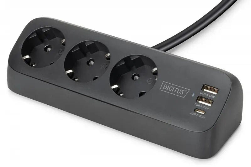 Digitus Listwa zasilająca biurkowa, 3 gniazda Schuko, 2x USB-A (2x 12W), 1x USB-C (30W) z zaciskiem na blat, kabel 1,5m, czarna