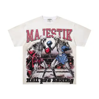 MAJESTIK Boxing Skull Print Men's and Women's Loose Vintage Retro Beaded Lettering Casual Short-Sleeved T-Shirt for Summer
