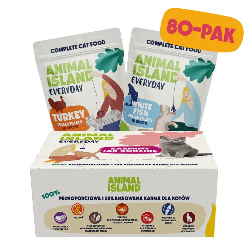 ANIMAL ISLAND Indyk / Biała ryba Fileciki w rosole Box - mokra karma dla kota - 80x85g