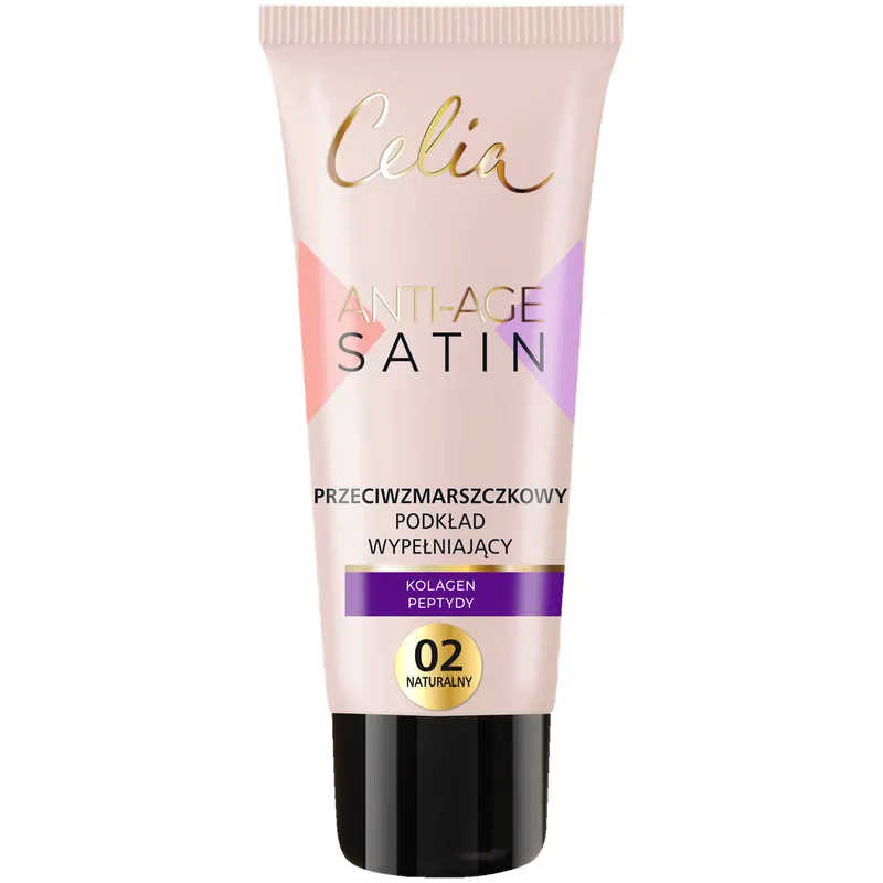Celia Satin Anti-Age Przeciwzmarszczkowy podkład wypełniający do twarzy 02 naturalny z kolagenem, peptydami i ceramidami, wysokie krycie 30 ml