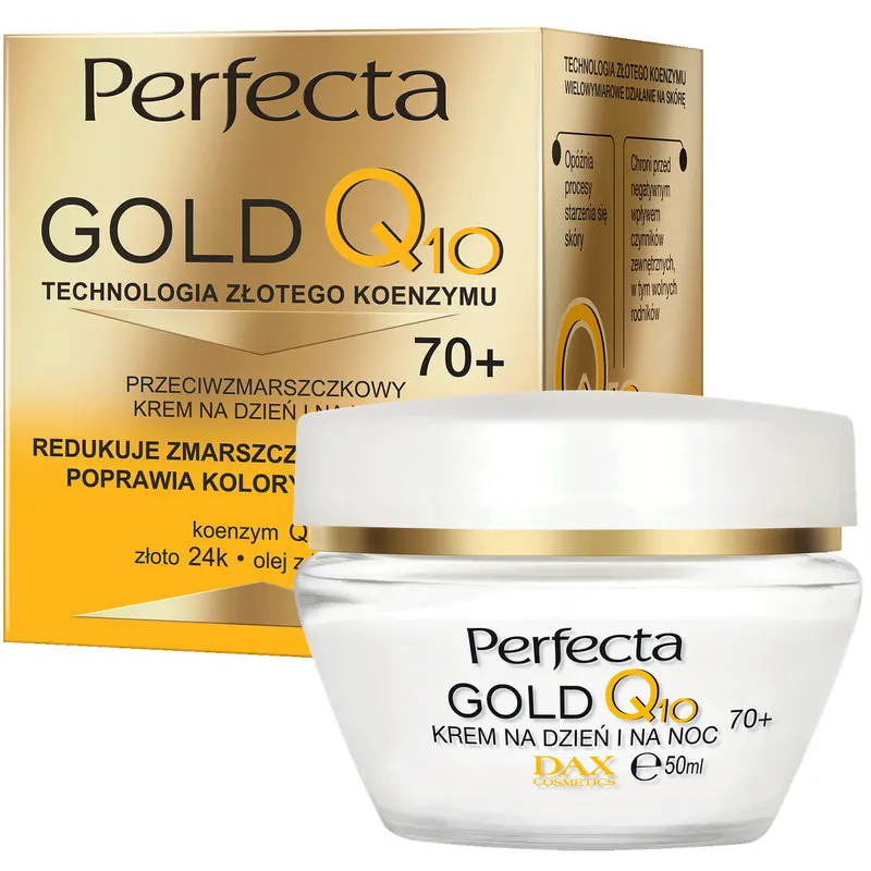 Perfecta Gold Q10 przeciwzmarszczkowy krem do twarzy 70+ na dzień i noc z koenzymem Q10, 24K Gold, olejem z bawełny, elastyną i masłem shea 50 ml