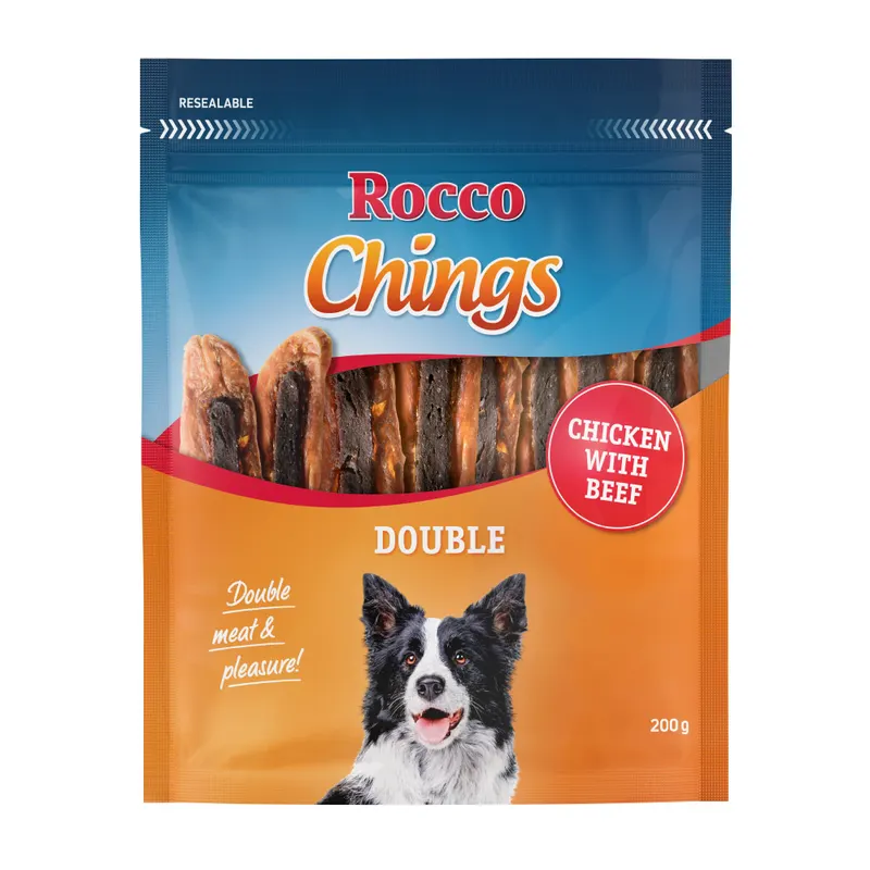 Korzystny pakiet Rocco Chings Double mięsne paski do żucia - Kurczak i wołowina, 4 x 200 g