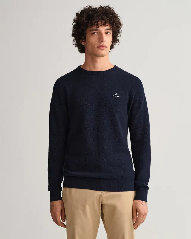 Gant Bawełniany Sweter Męski Z Okrągłym Kołnierzykiem Regular Fit Granatowy