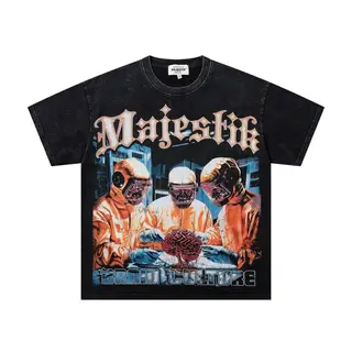 MAJESTIK Retro Washed Short-Sleeved T-Shirt Embroidered Beads and Lettered Vintage Design for Comfortable and Casual Wear