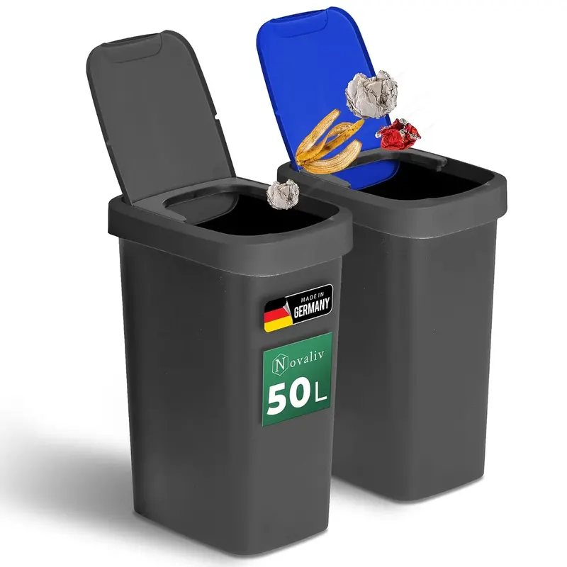 KOSZ 50L ZESTAW SEGREGACJI ODPADÓW UCHYLNY ZAMYKANY CZARNY NIEBIESKI