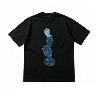 Japanese Retro Cactus Print Fabric Short Sleeved T-shirt for Men and Women Loose Short Tee