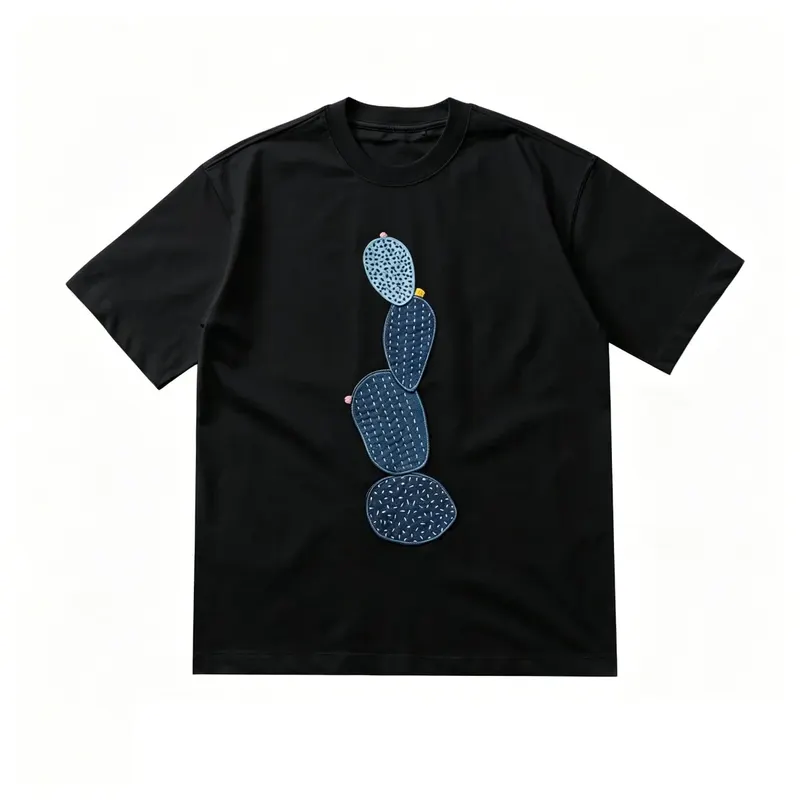 Japanese Retro Cactus Print Fabric Short Sleeved T-shirt for Men and Women Loose Short Tee
