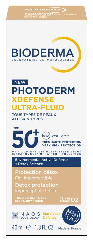 Bioderma Photoderm Xdefense Ultra-Fluid Ochronny Ultralekki Fluid Z Filtrem SPF50+ o Działaniu Detoksykującym Odcień 02 40ml