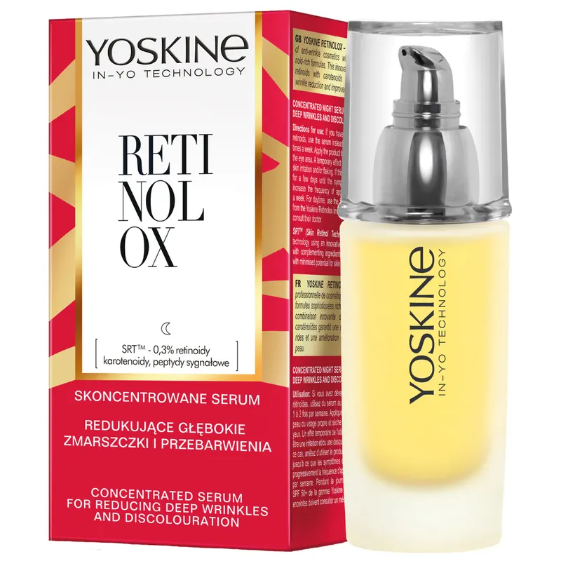 Yoskine Retinolox skoncentrowane serum na noc redukujące widoczność głębokich zmarszczek i przebarwień z retinoidami 0,3%, karotenoidami i aminokwasami kolagenu 30 ml