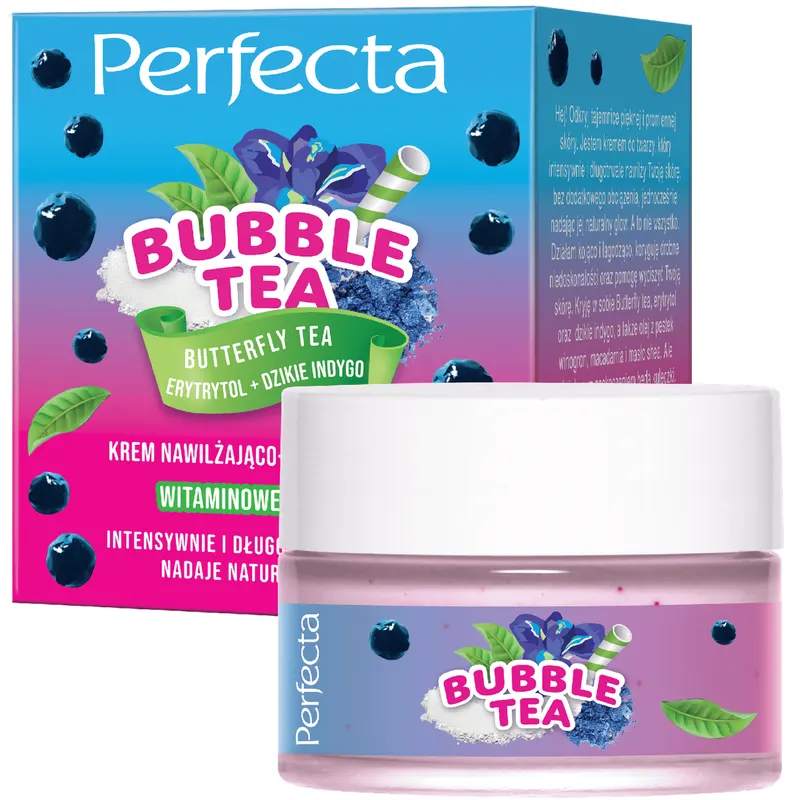 Perfecta Bubble Tea nawilżająco-rozświetlający krem do twarzy Butterfly Tea z erytrytolem, dzikim indygo, olejem macadamia i masłem shea 50 ml