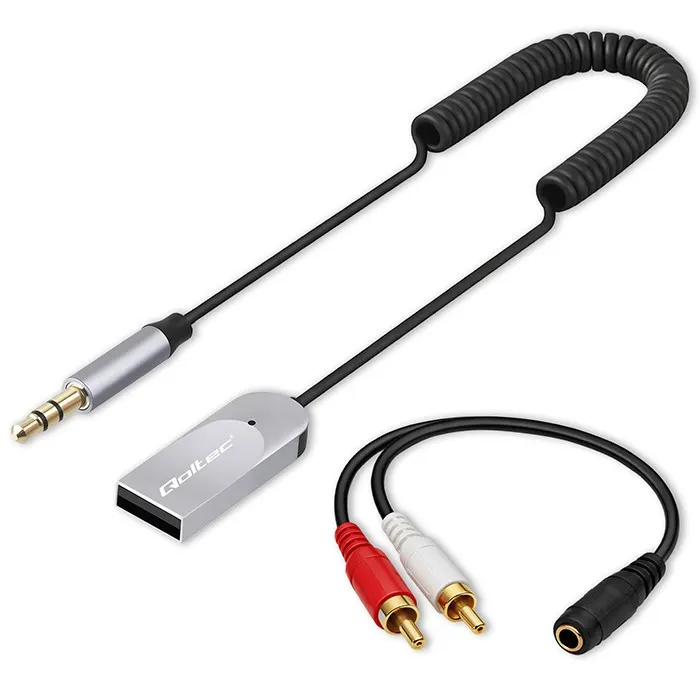 Qoltec Bezprzewodowy adapter odbiornik dźwięku Audio HiFi Home&Car | Bluetooth 6.0 | 2 x RCA | 1 x AUX MiniJack 3.5mm | USB | Mikrofon