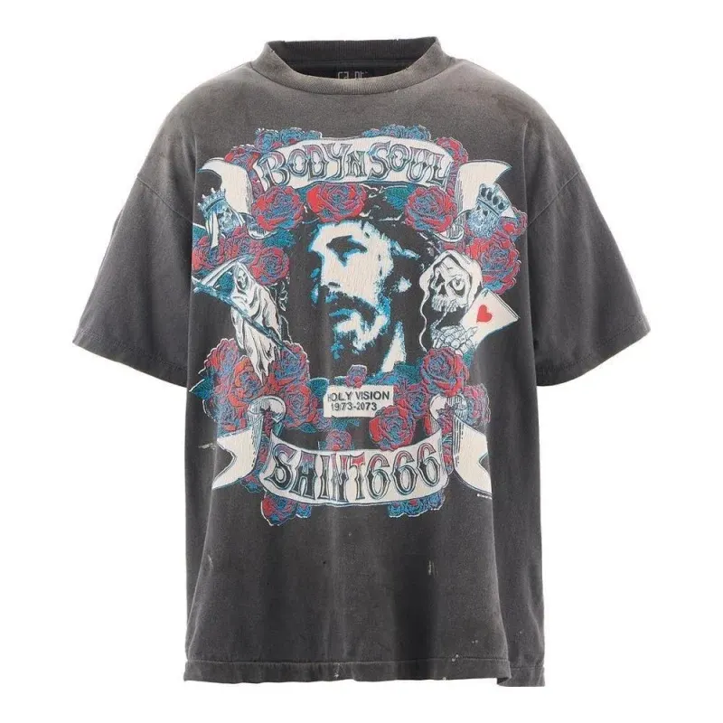 Top-Quality SAINT TEE Rose Washed Vintage-Style Short-Sleeve Summer T-Shirt for Men and Women Round Neck Loose Fit