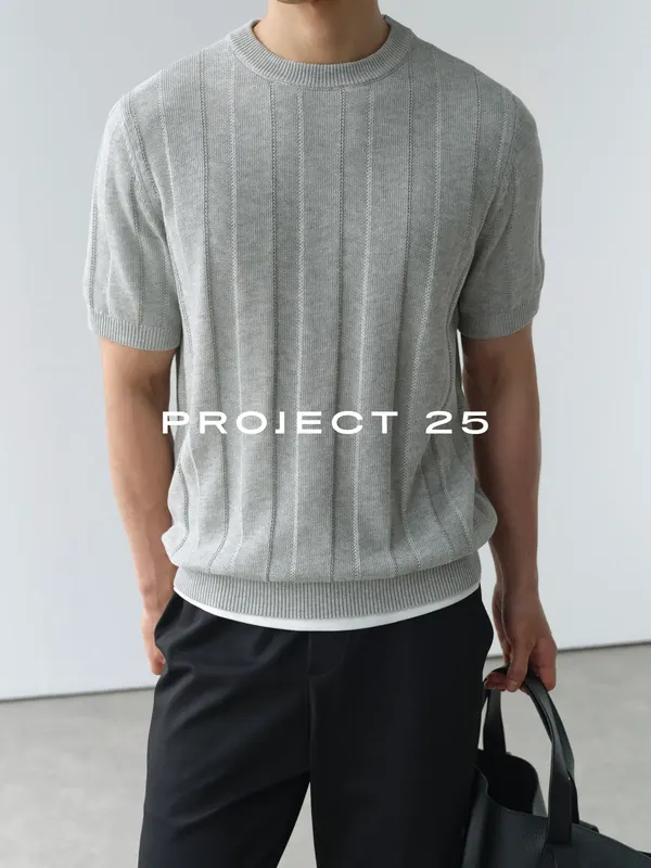 PROJECT 25 Men Linen Blend Vertical Jacquard Knit Crew Neck Short Sleeve T-shirt Old Money Retro Commute Casual Daily Wear Top