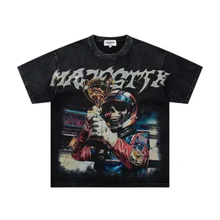 MAJESTIK Street Skull Beaded Print Short-Sleeved T-Shirt - Loose Fit Weathered High Street Style Men's and Women's Top - Summer