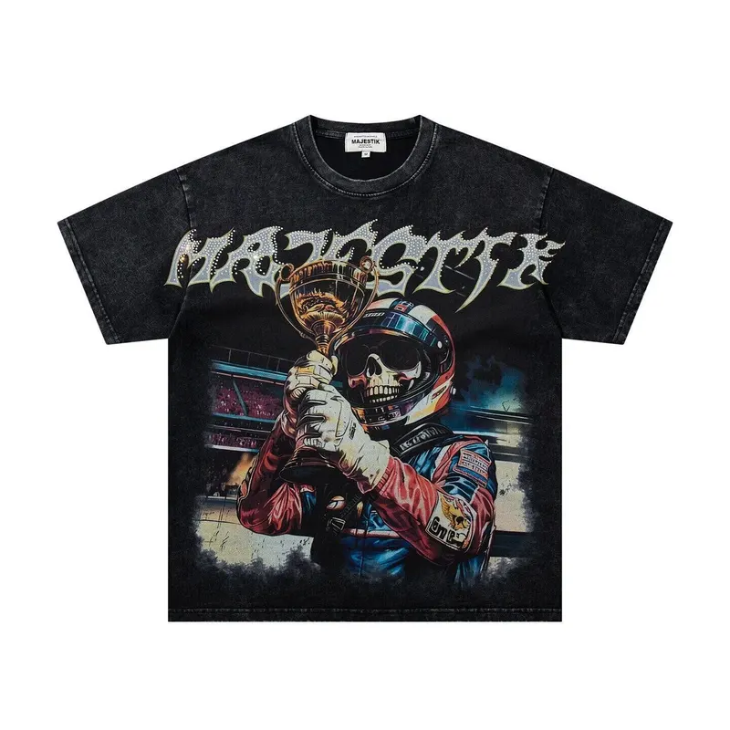 MAJESTIK Street Skull Beaded Print Short-Sleeved T-Shirt - Loose Fit Weathered High Street Style Men's and Women's Top - Summer