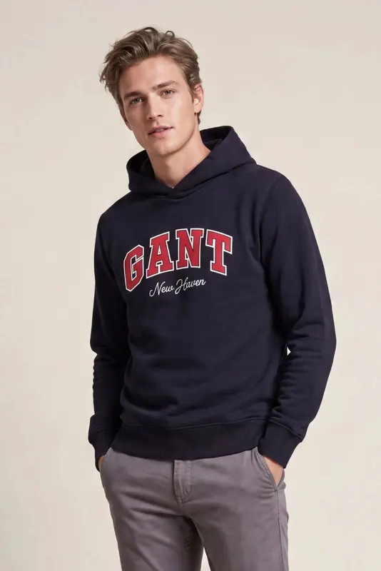Gant Bluza Męska Z Nadrukiem Z Kapturem Czarna