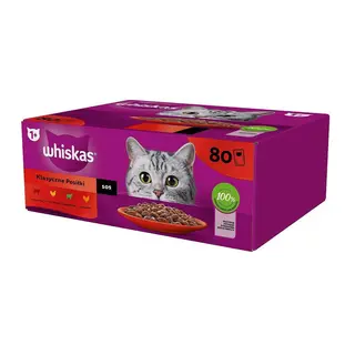 WHISKAS Klasyczne posiłki w sosie Drób, Jagnięcina, Wołowina, Kurczak Box - mokra karma dla kota - 80x85g