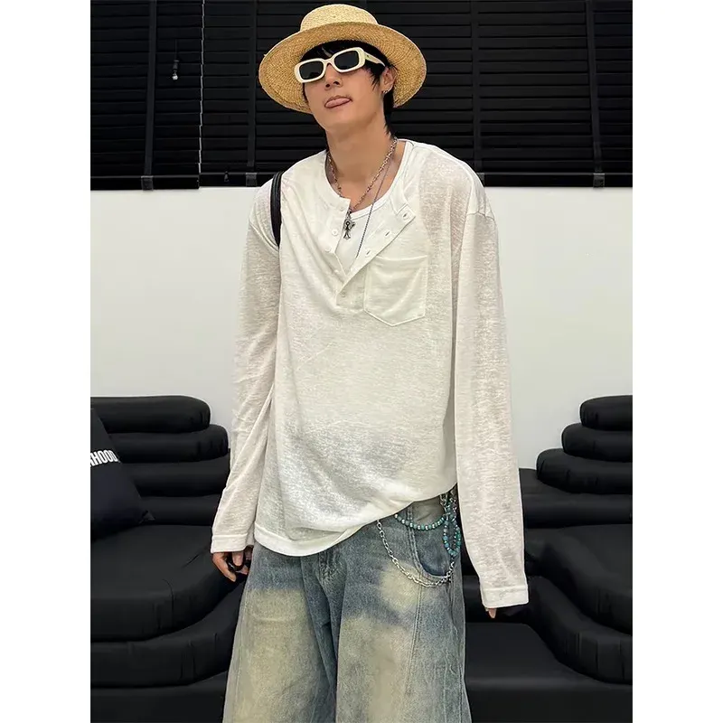 2026 New Summer Men's Lyoce Long-sleeved T-shirt Loose Drape Trendy Youth T-shirt