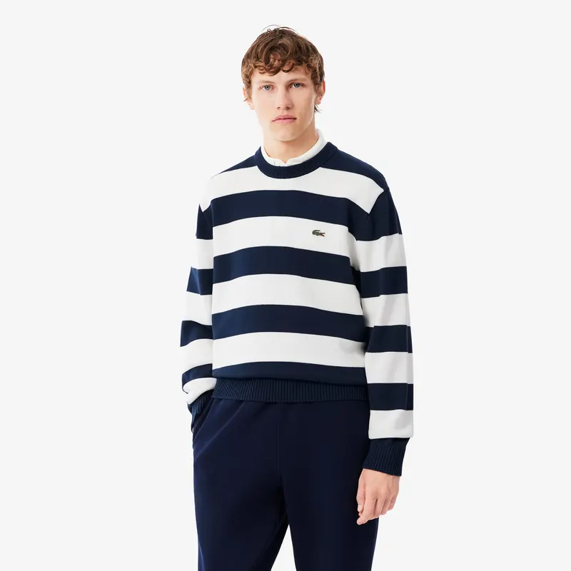 Lacoste Bawełniany Sweter Marynarski W Paski Z Okrągłym Dekoltem Męskie Granatowy