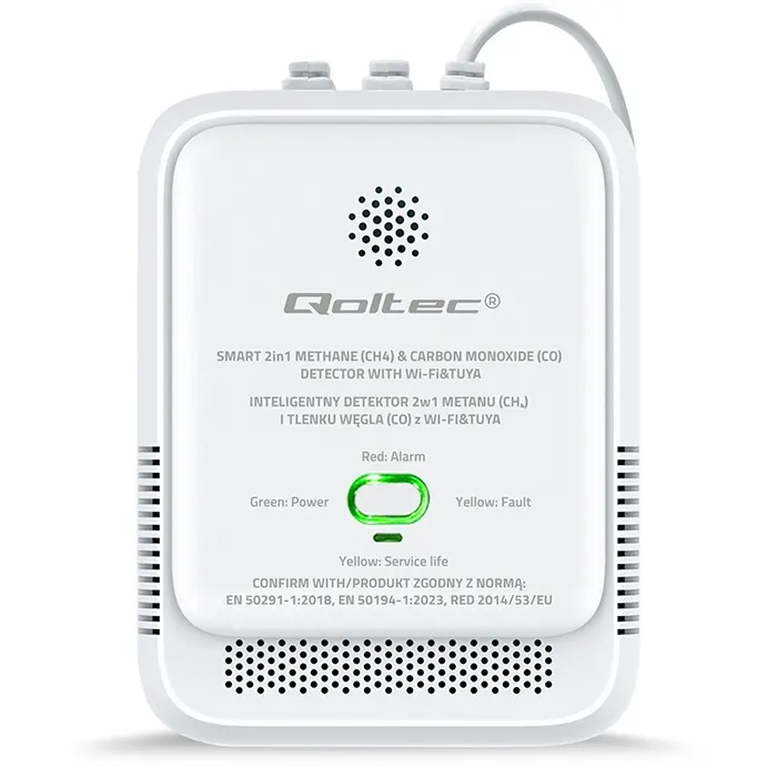Qoltec Czujnik wycieku gazu ziemnego i tlenku węgla (czadu) | Tuya | Wi-Fi | alarm 85dB | LED