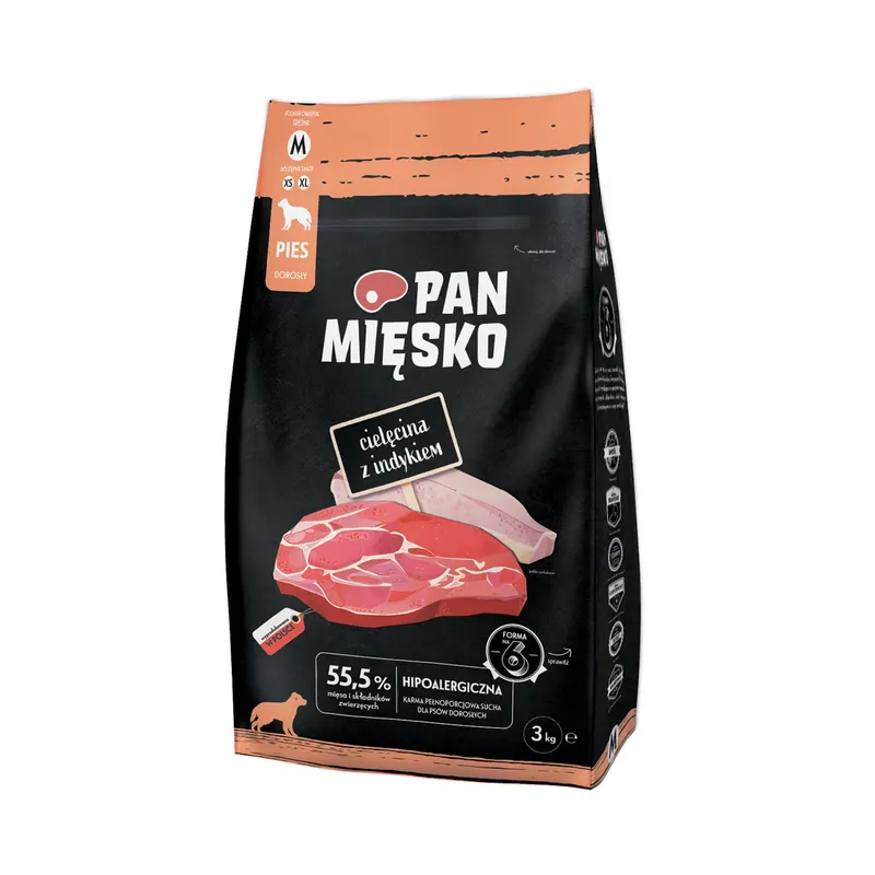 PAN MIĘSKO Cielęcina z Indykiem M  - sucha karma dla psa - 3kg