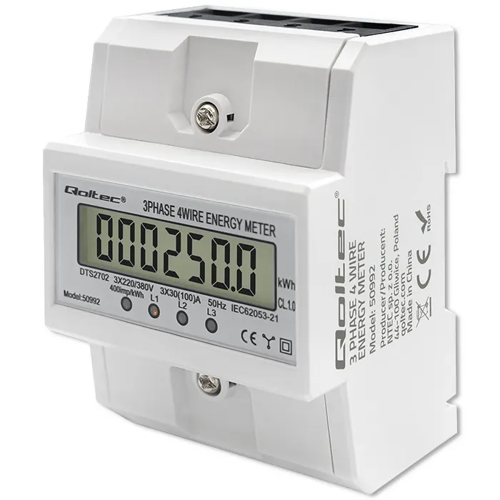 Qoltec Trójfazowy elektroniczny licznik | miernik zużycia energii na szynę DIN | 400V | 100A | LCD | 4P