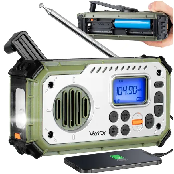 RADIO FM PRZENOŚNE BLUETOOTH SOLARNE USB NA KORBKĘ DYNAMO LATARKA AKU VAYOX