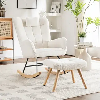 Ergonomiczny biały fotel bujany o wysokości 92 cm, szerokość siedziska 67 cm – z poduszką na głowę oraz podnóżkiem (49×38×38 cm), stabilna podstawa ..