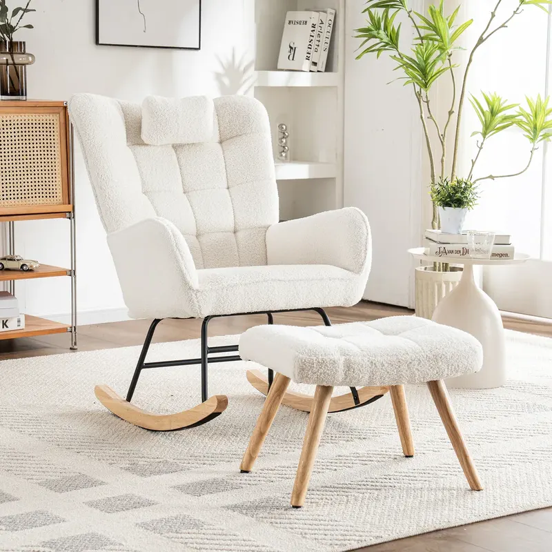 Ergonomiczny biały fotel bujany o wysokości 92 cm, szerokość siedziska 67 cm – z poduszką na głowę oraz podnóżkiem (49×38×38 cm), stabilna podstawa ..