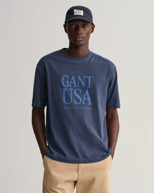Gant Męski Granatowy T-Shirt Z Logo İ Okrągłym Dekoltem O Regularnym Kroju