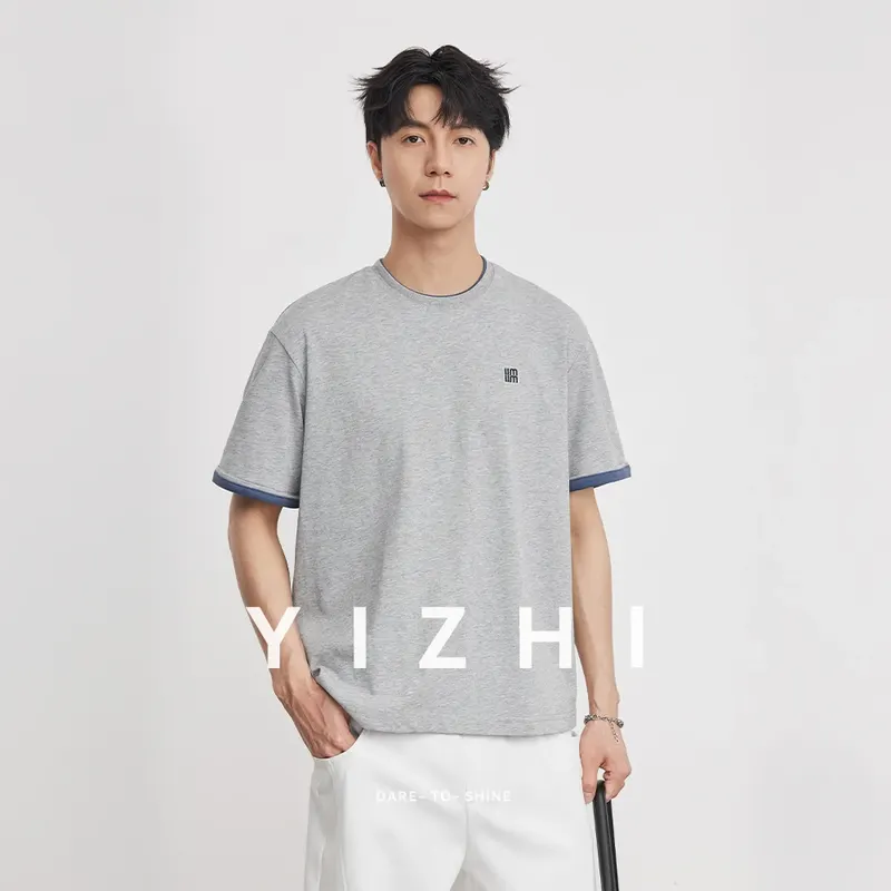 260g Heavyweight Contrast Color Crew Neck Short Sleeve T-Shirt Men Summer Casual Slightly Dropped Shoulder Loose Trendy Tops