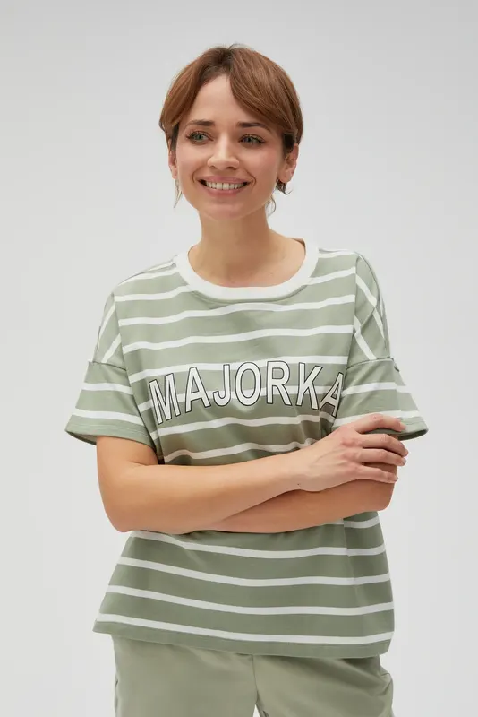 Bluza w paski z napisem oliwkowa